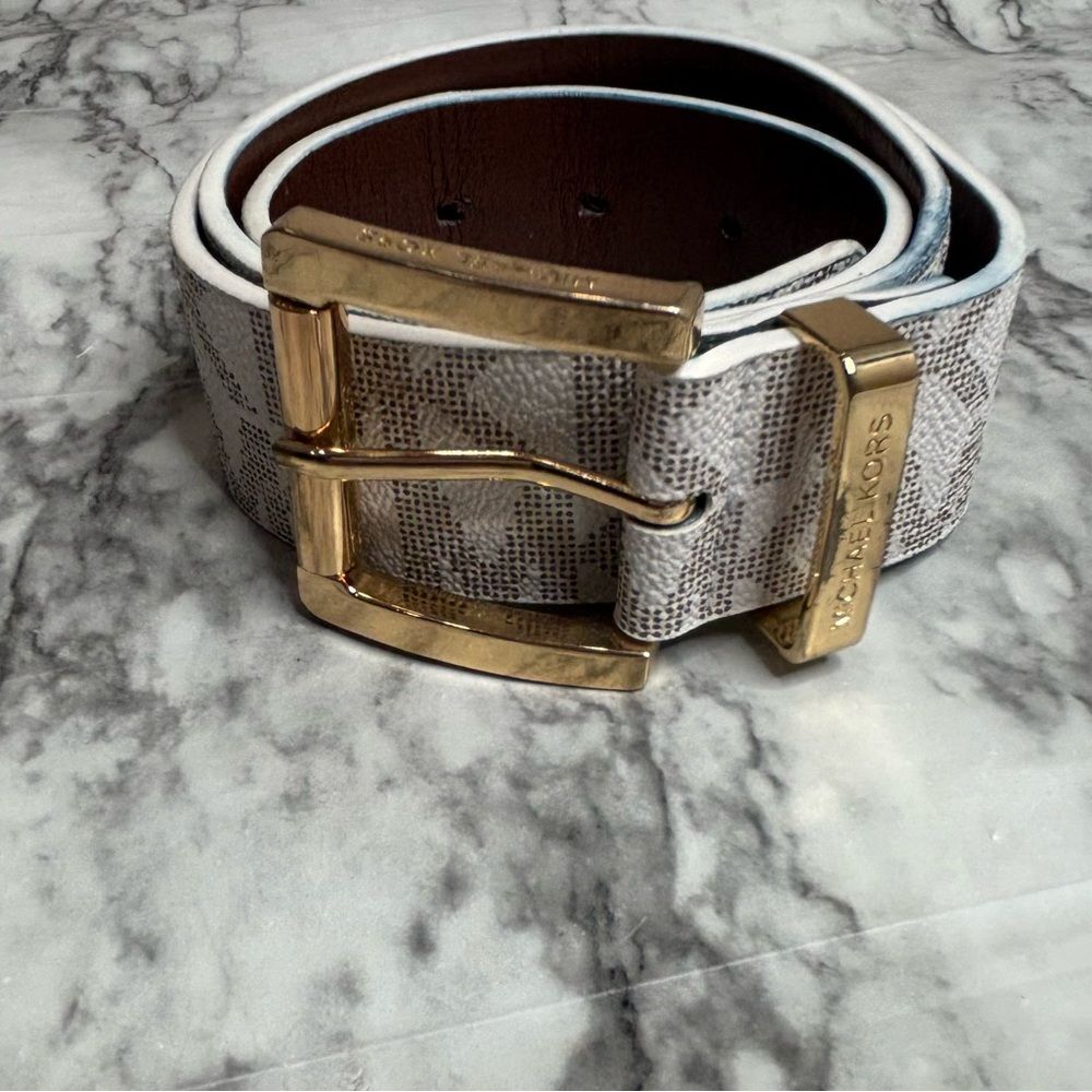 Michael Kors MK logo white gold buckle belt size small faux leather